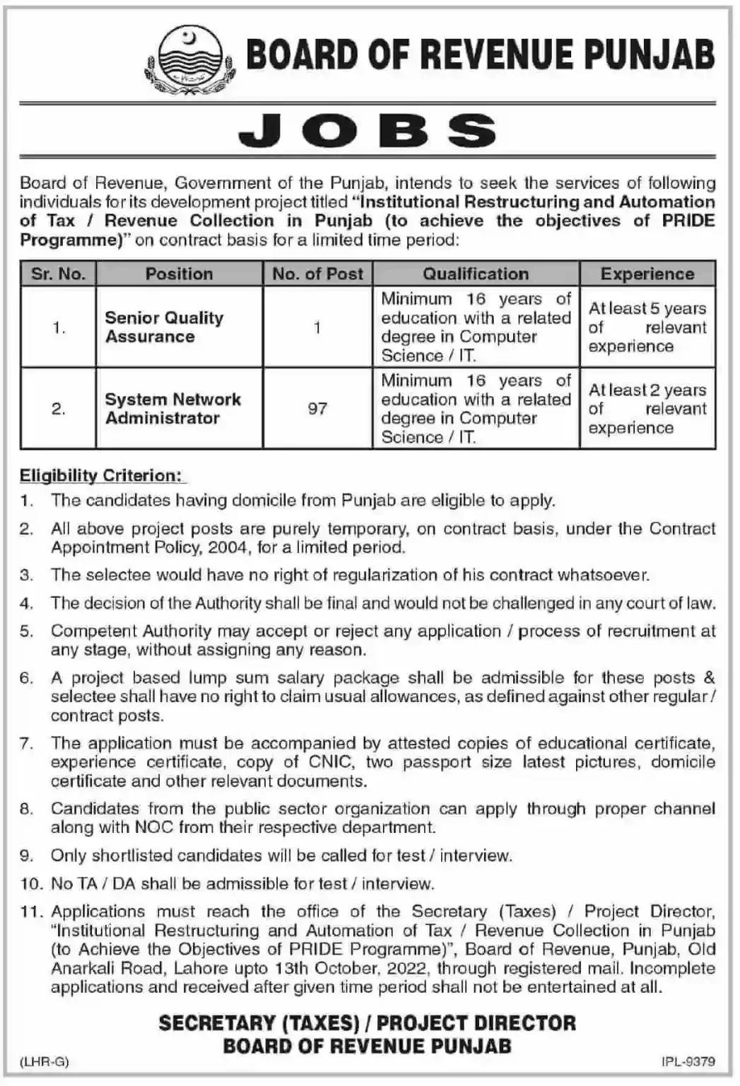 Board of Revenue Punjab Jobs 2022 Application Form - www.jobs.punjab.gov.pk