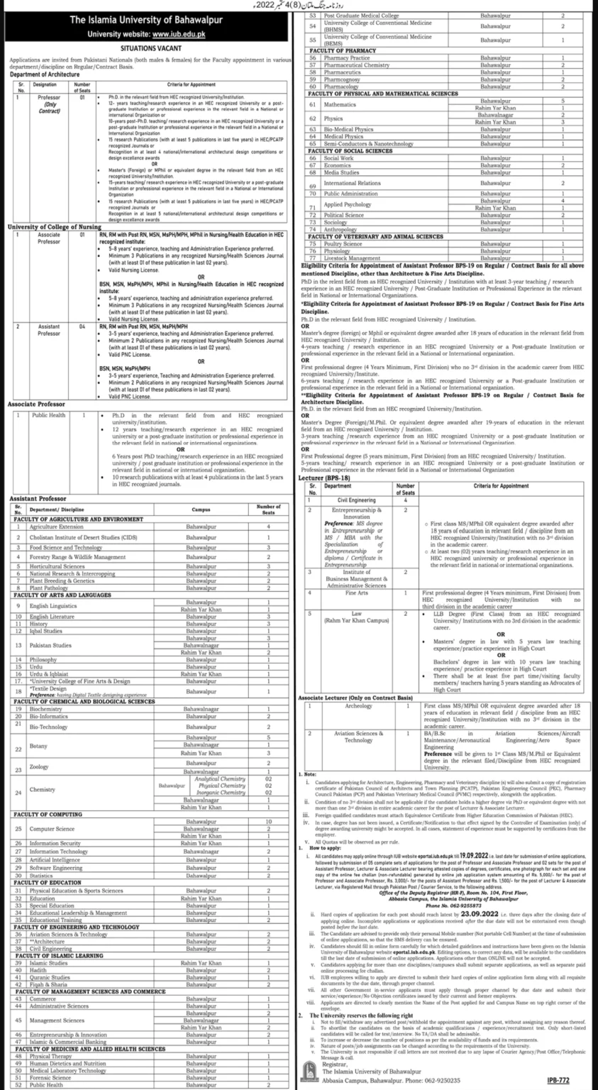 Islamia University of Bahawalpur IUB Jobs 2022 Advertisement - www.iub.edu.pk