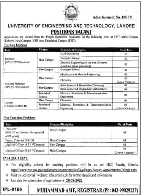 UET Lahore Jobs 2022 - Apply Online at www.jobs.uet.edu.pk