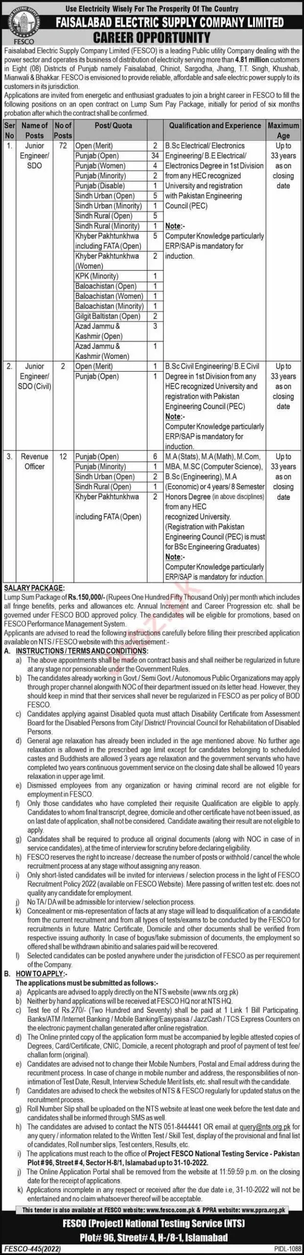 FESCO Jobs 2022 Online Apply Via www.nts.org.pk