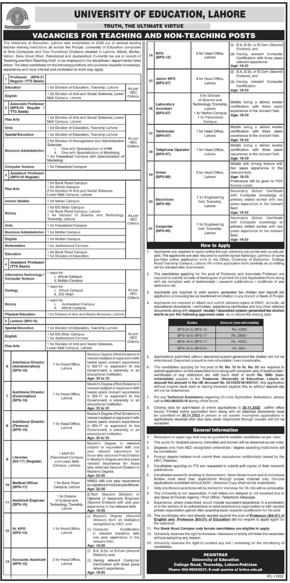 University of Education Jobs 2022 - UE Lahore Apply Online
