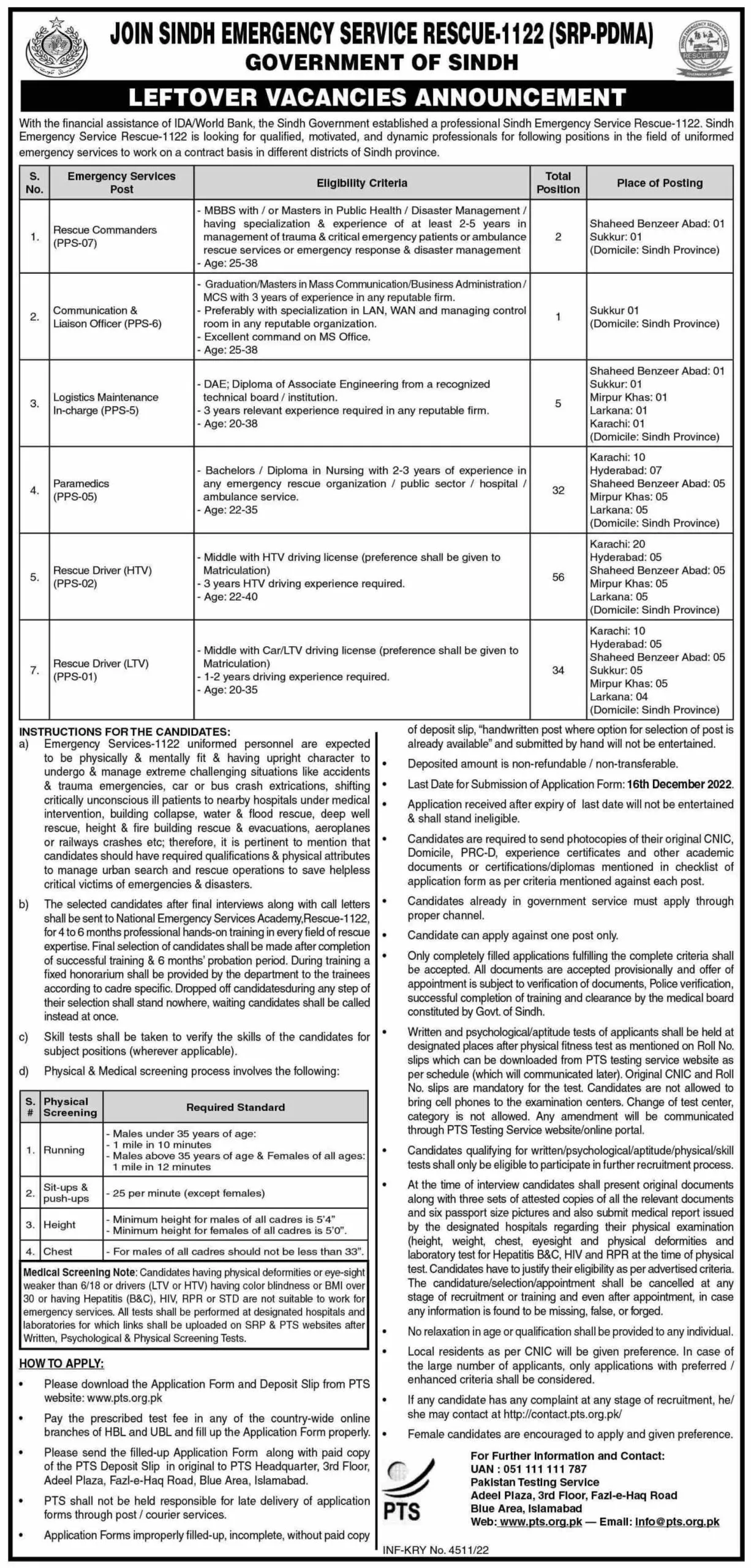 Sindh Rescue 1122 Jobs 2023 - PTS Apply Online www.pts.org.pk 2023