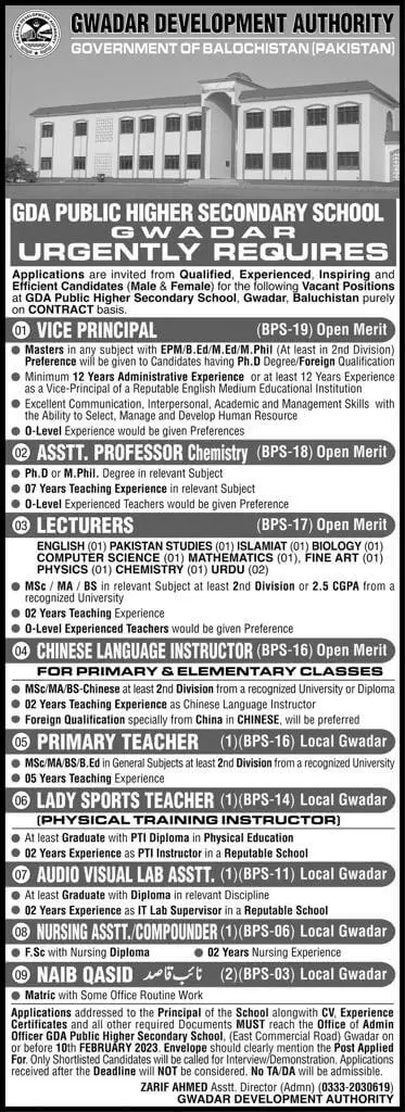 Gwadar Development Authority GDA School Jobs 2023