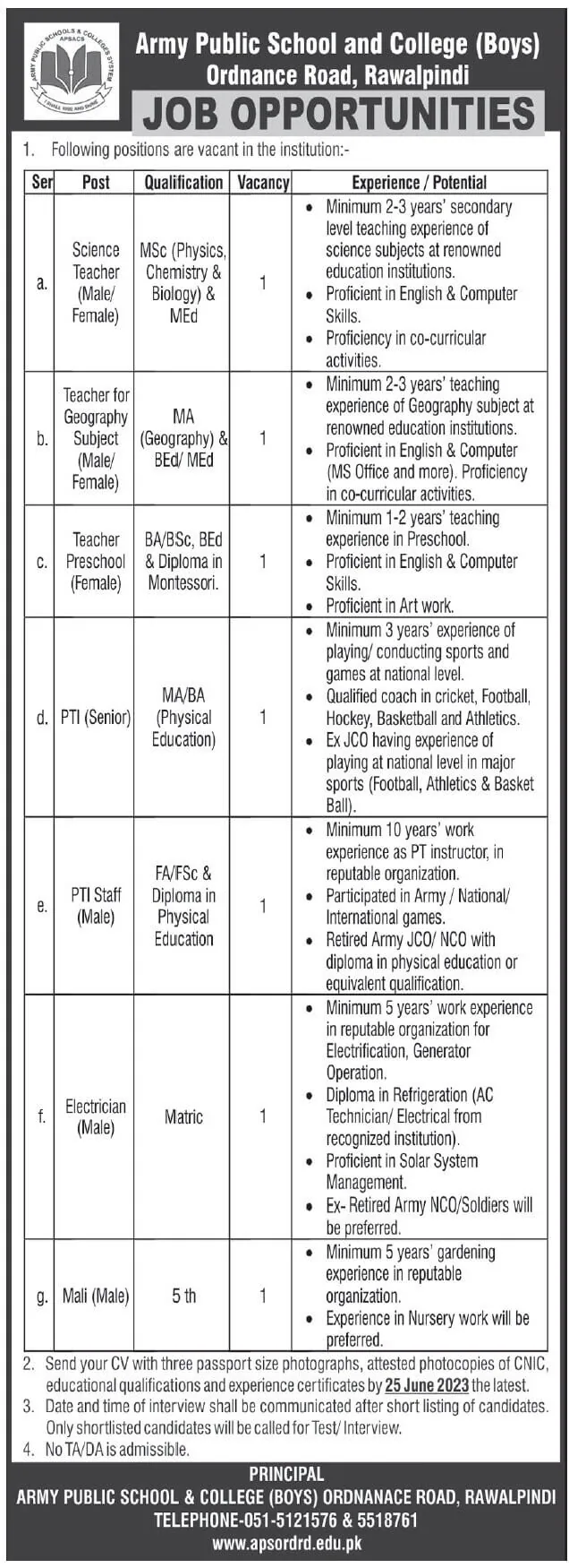 APS Jobs 2023 Army Public School