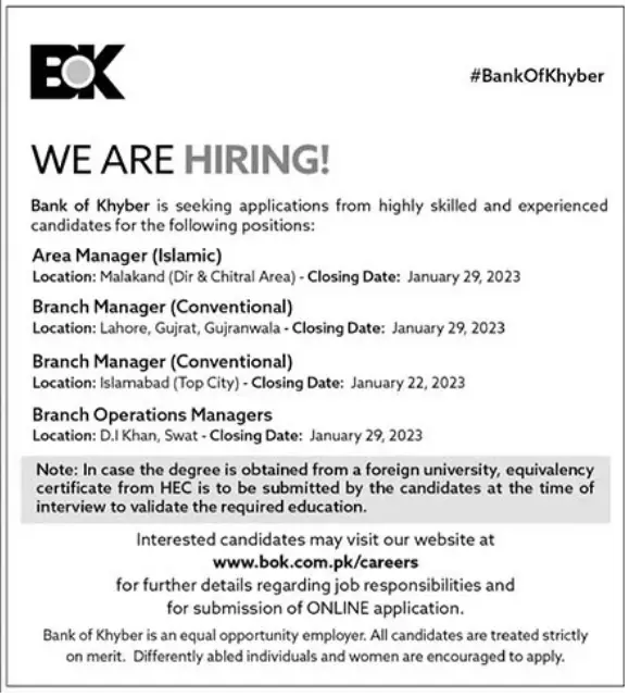BOK Jobs 2023 Bank of Khyber - www.bok.com.pk careers