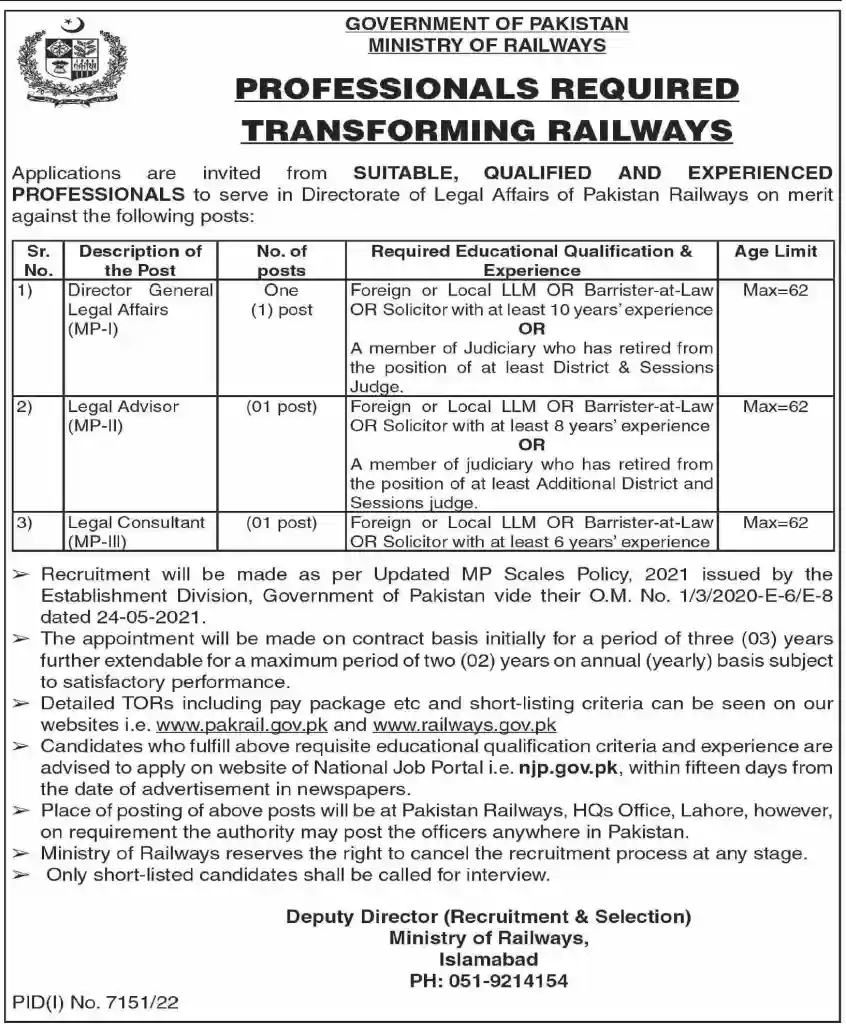 Ministry of Railways Jobs 2023 Application Form - www.pakrailway.gov.pk