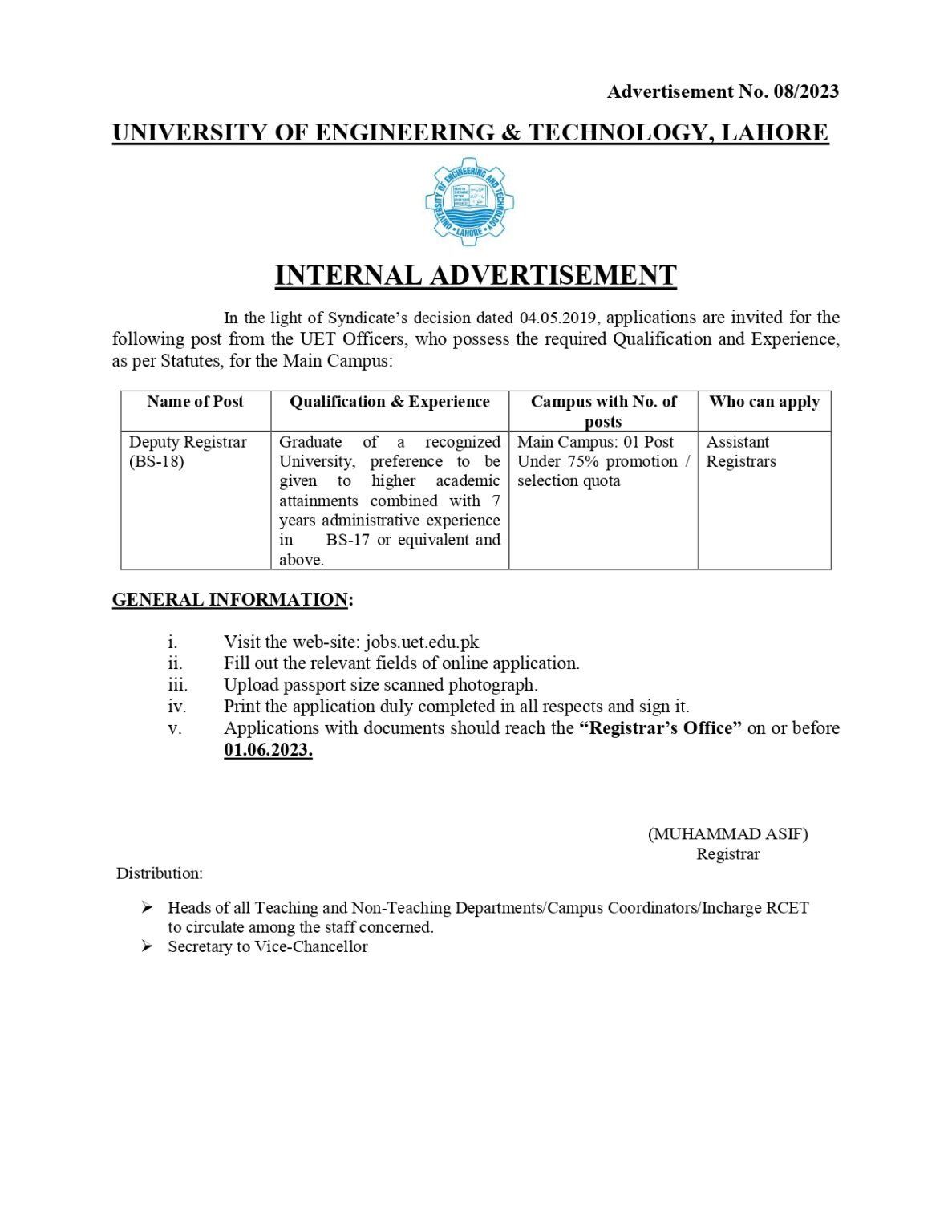 UET Lahore Jobs 2023 - Apply Online at www.ue.edu.pk