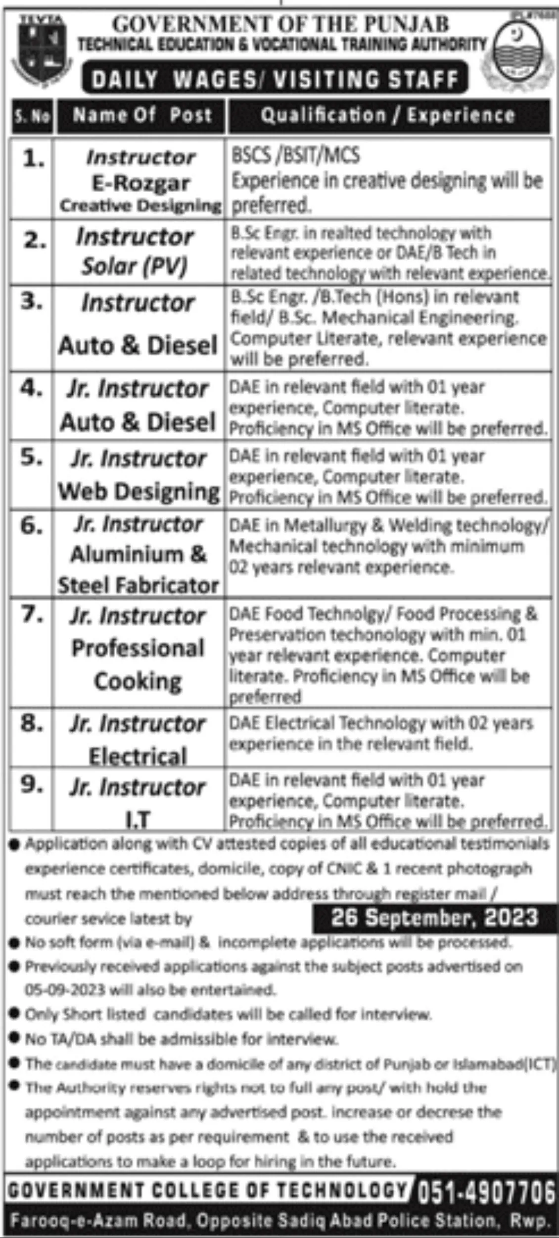 TEVTA Jobs 2023 Online Apply - www.tevta.gop.pk jobs 2023